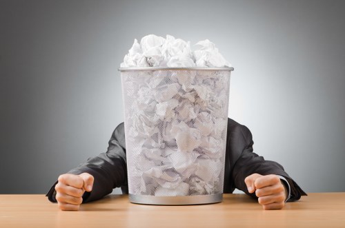 The image depicts a person wearing a dark suit, with their head obscured behind a large, cylindrical metal waste bin filled to the brim with crumpled white paper. The bin is placed on a light wooden table and appears to be made of perforated metal, with a smooth, reflective finish on its rim. The crumpled paper inside the bin is uneven and textured, with various folds and creases, and extends above the rim, creating a jagged, overflowing appearance. The background is a plain, neutral grey, providing a professional setting that emphasizes the waste collection. The scene suggests an act of rubbish disposal or waste management, relevant to garden clearance and rubbish removal services offered by Garden Clearance Hackbridge, which deals with the collection and removal of refuse in the local area. The lighting is evenly distributed, highlighting the metallic surface of the bin and the texture of the paper, with no external environment or additional objects visible in the image.